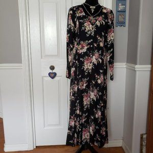 1990s Vintage Starina Black Floral Button/Lace UP Dress